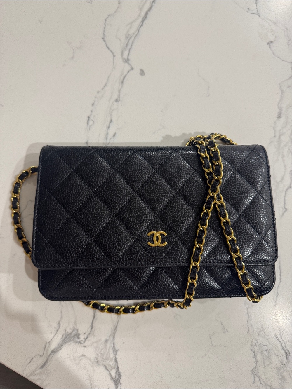 CHANEL wallet on chain Black Quilted Caviar Leather Gold Chain
